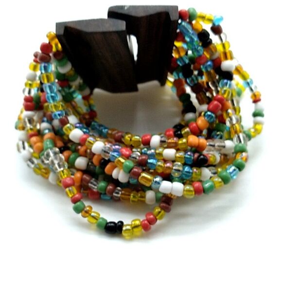 Glass Beaded Stretch Bracelet 14 Strand Wood Buckle Multi-colored - Picture 12 of 14